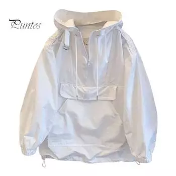 Мужская ветрозащитная куртка с капюшоном и длинными рукавами, с застежкой-молнией на половину длины, карманом-кенгуру, толстовка с капюшоном на весну и осень M белый