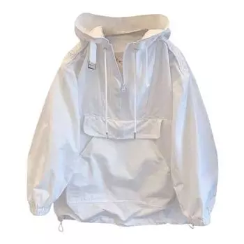 Мужская ветрозащитная куртка с капюшоном и длинными рукавами, с застежкой-молнией на половину длины, карманом-кенгуру, толстовка с капюшоном на весну и осень M белый