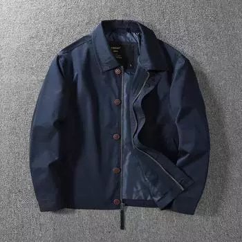 Мужская ветрозащитная куртка в стиле ретро для работы – облегающая, однотонная, повседневная деловая на весну/осень L синий