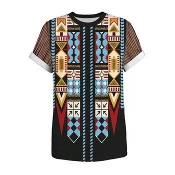Мужская винтажная блузка с коротким рукавом и принтом в этническом стиле, футболка с круглым вырезом M чёрный