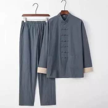 Мужская винтажная блузка в китайском стиле, весенне-осенний костюм из хлопка и льна с длинными рукавами, китайский комплект одежды для джентльмена Тайцзи в стиле дзен XXXXL чёрный