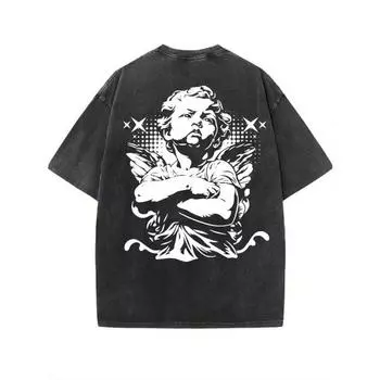 Мужская винтажная футболка из стираного хлопка | 100% хлопок, повседневная, с круглым вырезом, смелым геометрическим ангельским принтом, дышащая, машинная стирка S