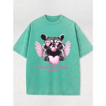 Мужская винтажная футболка из стираного хлопка - Повседневный свободный крой, Круглый вырез, Короткий рукав с уникальным принтом енота и деталью в виде сердца S
