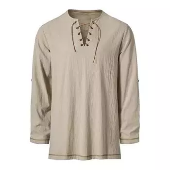 Мужская винтажная футболка на шнуровке с длинным рукавом и воротником Генри, однотонная футболка на весну и осень для повседневной носки, выступлений и косплея S бежевый