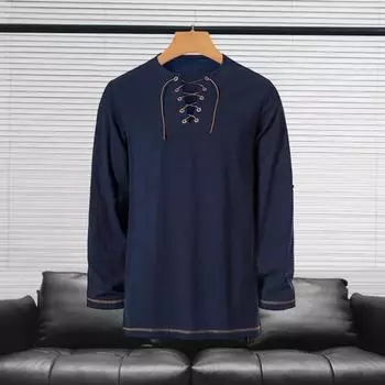 Мужская винтажная футболка на шнуровке с длинным рукавом и воротником Генри, однотонная футболка на весну и осень для повседневной носки, выступлений и косплея S бежевый