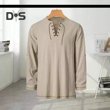 Мужская винтажная футболка на шнуровке с длинным рукавом и воротником Генри, однотонная футболка на весну и осень для повседневной носки, выступлений и косплея S бежевый