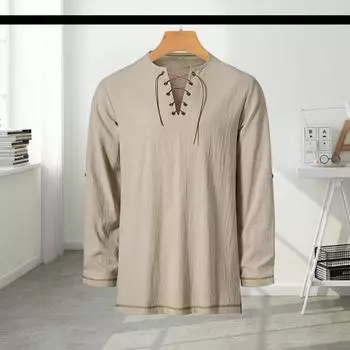 Мужская винтажная футболка на шнуровке с длинным рукавом и воротником Генри, однотонная футболка на весну и осень для повседневной носки, выступлений и косплея S темно-синий