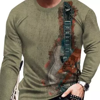 Мужская винтажная футболка с ярким принтом гитары на 3D-принте - цифровая печать высокой четкости, классический стиль, длинные рукава, подарок на весну и осень S