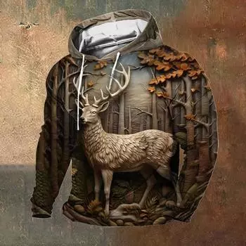 Мужская винтажная гравировка с принтом лося с капюшоном, мужская толстовка с капюшоном, осенняя одежда с длинным рукавом, модный уличный свободный пуловер M