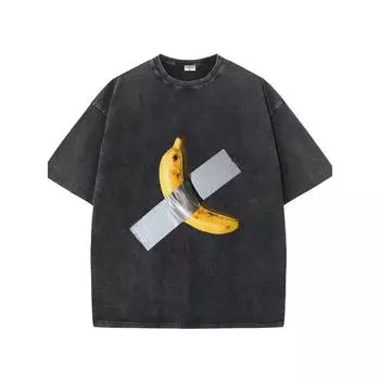 Мужская винтажная хлопковая футболка с графическим принтом - Короткий рукав, круглый вырез, черная с уникальным дизайном из бананового скотча S