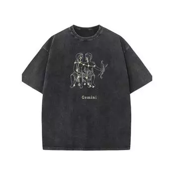 Мужская винтажная хлопковая футболка с графикой Близнецов - Черная повседневная футболка с коротким рукавом и круглым вырезом с дизайном зодиака, мягкая S