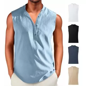 Мужская винтажная хлопковая и льняная однотонная повседневная без рукавов M тёмно-синий