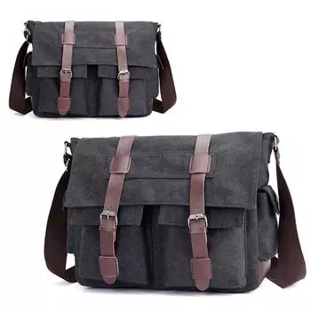 Мужская винтажная холщовая кожаная сумка через плечо/мессенджер чёрный