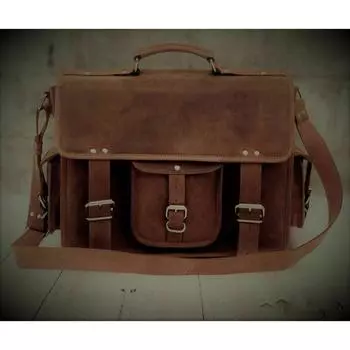 Мужская винтажная коричневая кожаная сумка через плечо, портфель для ноутбука 15 x 11 x 4 in коричневый