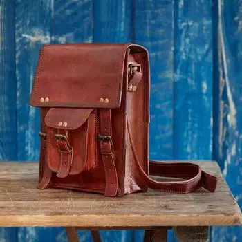 Мужская винтажная коричневая кожаная сумка-мессенджер через плечо, портфель, маленькая сумка 11 x 9 x 3 in коричневый