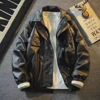 Мужская винтажная куртка из искусственной кожи в стиле пилота — модная одежда для улицы на весну и осень чёрный