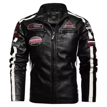 Мужская винтажная мотоциклетная куртка, мужская модная новая байкерская кожаная куртка, мужское пальто-бомбер с вышивкой, зимнее флисовое пальто из искусственной кожи