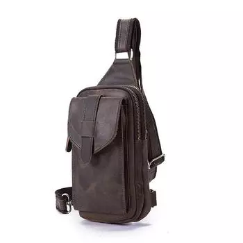 Мужская винтажная нагрудная сумка из натуральной натуральной кожи из воловьей кожи с несколькими карманами, большая вместительная нагрудная сумка слинг, сумка через плечо, рюкзак темно-коричневого