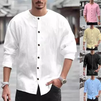 Мужская винтажная однотонная рубашка из хлопка и льна с длинными рукавами и воротником на пуговицах. Рубашка с длинными рукавами. L чёрный