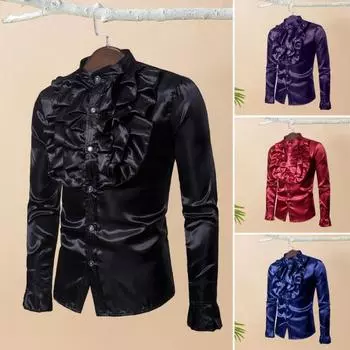 Мужская винтажная официальная рубашка, однотонная рубашка с рюшами и воротником-стойкой, мужская классическая рубашка с воланами и длинными рукавами, костюм для выступлений на сцене M вино красного