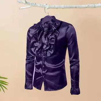 Мужская винтажная официальная рубашка, однотонная рубашка с рюшами и воротником-стойкой, мужская классическая рубашка с воланами и длинными рукавами, костюм для выступлений на сцене 2XL фиолетовый
