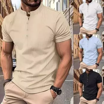 Мужская винтажная рубашка из хлопка и льна, однотонная, повседневная, с короткими рукавами L чёрный