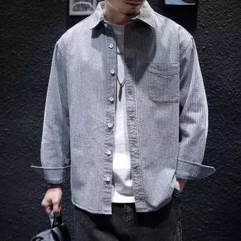 Мужская винтажная рубашка Turtlenker Trendy All-Match Loose Casual Striped Long Sleeves Denim Shirt M синий