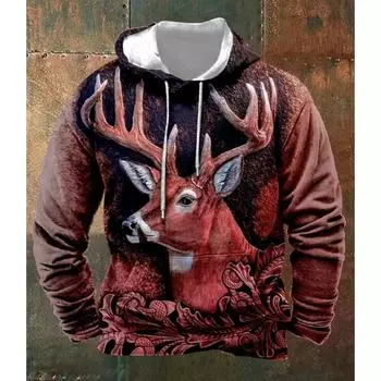 Мужская винтажная толстовка с капюшоном и 3D изображением охоты на оленя, толстовка с капюшоном для мужчин, зимняя верхняя одежда, большие повседневные топы, повседневная одежда 2XL