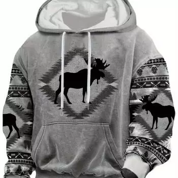 Мужская винтажная толстовка с капюшоном Tribal Moose - смелый 3D-графический принт - удобная эластичная посадка - высококачественная дышащая повседневная толстовка для приключений на свежем воздухе S
