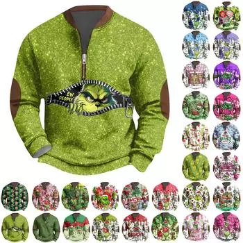 Мужская винтажная зеленая рождественская повседневная толстовка на молнии с трехмерным принтом, пуловер L