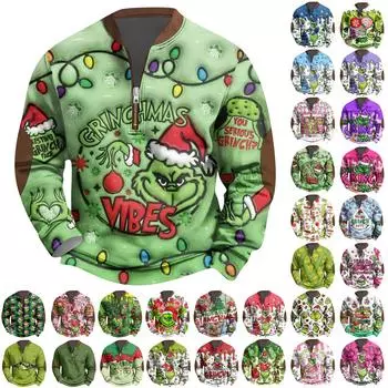 Мужская винтажная зеленая рождественская повседневная толстовка на молнии с трехмерным принтом, пуловер XXL розовый