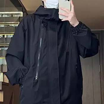 Мужская водонепроницаемая ветрозащитная куртка с капюшоном в американском стиле 2023 года – модная рабочая одежда для активного отдыха на весну/осень Large чёрный