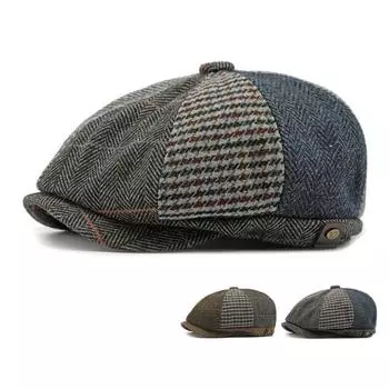 Мужская восьмиугольная кепка Британский винтажный берет Лоскутная кепка маляра Кепка газетчика Шерстяная кепка серый/чёрный