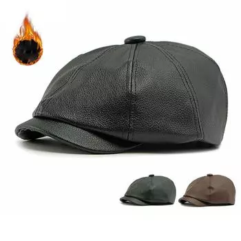 Мужская восьмиугольная кепка осень-зима теплая кепка из ПУ для людей среднего и пожилого возраста берет кофейный