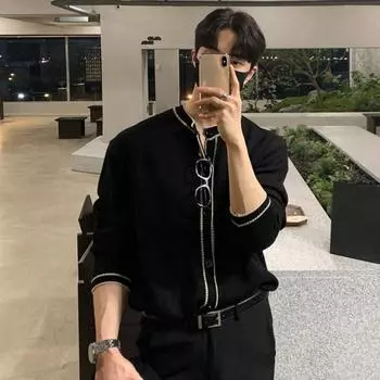 Мужская вязаная куртка с круглым вырезом и длинными рукавами, свитер, пальто с застежкой на пуговицы, лоскутное цветное пальто в стиле High Street, свитер в стиле ретро XL чёрный