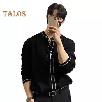 Мужская вязаная куртка с круглым вырезом и длинными рукавами, свитер, пальто с застежкой на пуговицы, лоскутное цветное пальто в стиле High Street, свитер в стиле ретро M чёрный