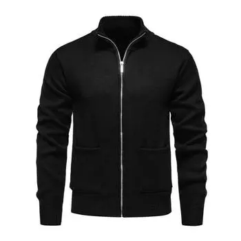Мужская вязаная куртка со стойкой, длинными рукавами и застежкой-молнией, свитер-пальто с карманами, утолщенная плюшевая подкладка, трикотаж L