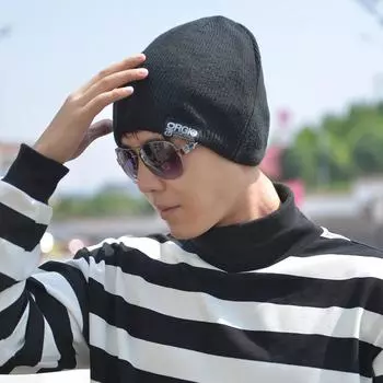 Мужская, вязаная шерстяная шапка, теплая сезонная шапка-мешок, простая однотонная шапка-пуловер с буквами M56-58cm чёрный