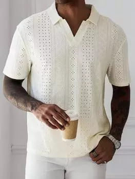 Мужская вязаная водорастворимая жаккардовая ажурная футболка однотонная с коротким рукавом M белый