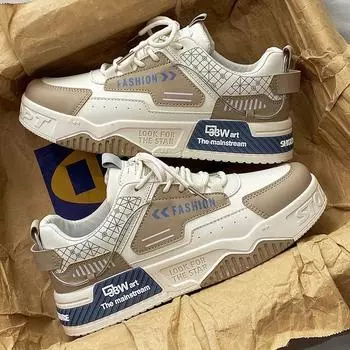 Мужская вулканизированная обувь 2024 года, осенние кроссовки для мужчин в корейском стиле, студенческие скейтбордисты, повседневные туфли из кожи на платформе Zapatillas 39 бежевый