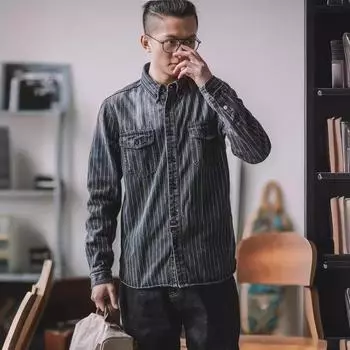 Мужская выстиранная винтажная состаренная джинсовая рубашка с длинным рукавом в полоску, рабочая одежда 3XL чёрный