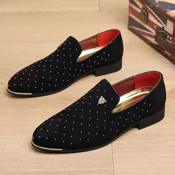 Мужская замшевая кожаная повседневная обувь Мужская мода Slip-on Rivets Вечерние свадебные туфли-лоферы Мокасины Мужские легкие удобные туфли на плоской подошве для вождения 40 (US 7) чёрный