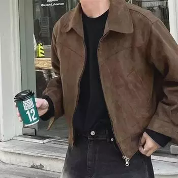 Мужская замшевая куртка-пилот с лацканами — модный корейский стиль для осени/зимы M коричневый