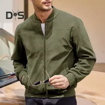 Мужская замшевая куртка с воротником-стойкой, длинным рукавом, застежкой-молнией, с боковыми карманами, однотонная, свободная посадка, ребристые манжеты, подол, верхняя одежда L чёрный