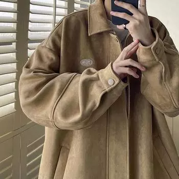 Мужская замшевая универсальная куртка - весна/осень, стильный и модный уличный стиль, свободный крой, американская мода. M коричневый