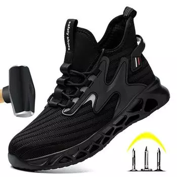 Мужская защитная обувь, рабочие женские ботинки, дышащие ботинки со стальным носком, защитные, устойчивые к проколам, противоударные, мужские, неразрушимые черные ботинки 41 чёрный