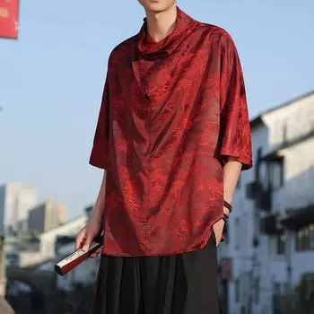 Мужская жаккардовая свободная футболка с драконом в китайском стиле, винтажная футболка с короткими рукавами в стиле Харадзюку, уличная одежда, модная одежда, футболки XL красный