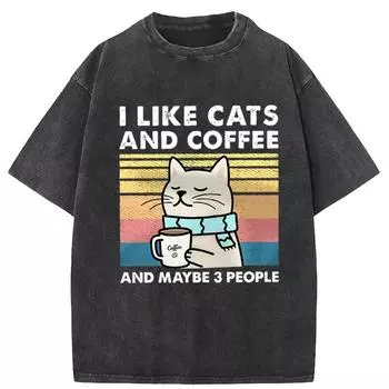 Мужская женская футболка I Like Cats And Coffee Хлопковая футболка Свободная футболка Модная футболка с круглым вырезом Уличная одежда для пар S