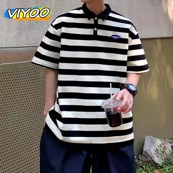 Мужская женская одежда Y2K Зеленые полосатые рубашки поло с коротким рукавом футболки топы блузки толстовки корейская одежда 2024 уличная одежда для мужчин M чёрный