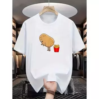 Мужская Женская Повседневная Футболка с Круглым Вырезом Полиэстеровое Трикотажное Полотно Стандартная Посадка Короткий Рукав с Графикой Картофеля к Картофелю Фри S